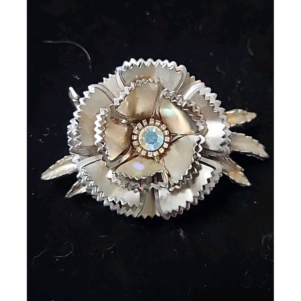 Vintage Silver Tone Metal Flowers AB Rhinestone Large 3D Brooch
